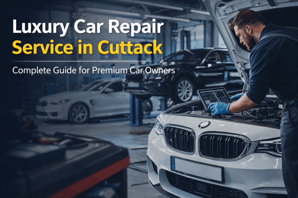 Luxury car repair service in Cuttack with technician diagnosing a BMW in a modern workshop