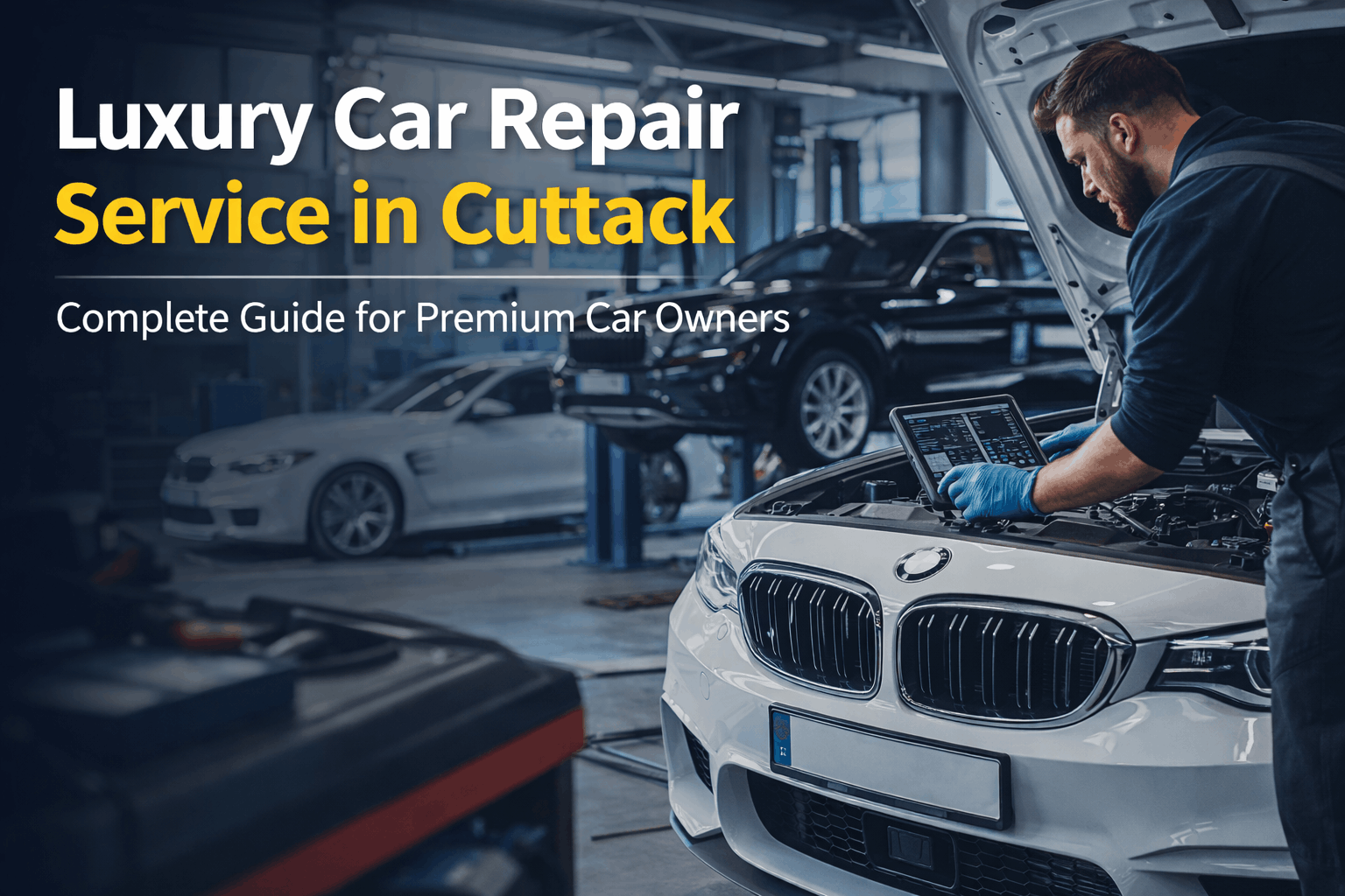 Luxury car repair service in Cuttack with technician diagnosing a BMW in a modern workshop
